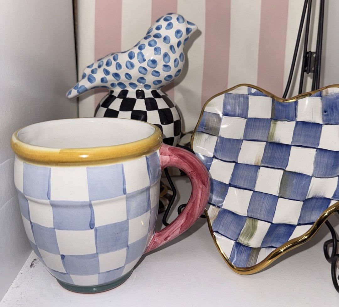 Mackenzie Childs Check Mate  Mug Blue Sky Check Hand Painted Majolica NWT