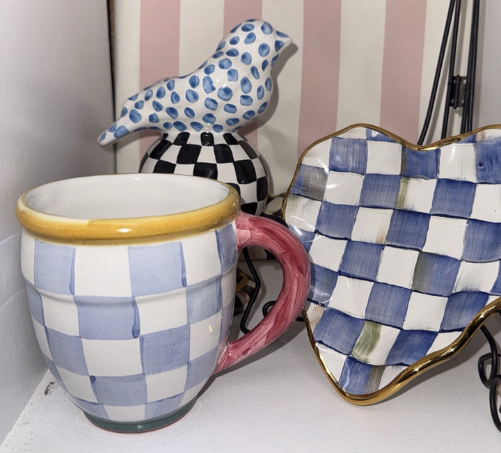 Mackenzie Childs Check Mate  Mug Blue Sky Check Hand Painted Majolica NWT