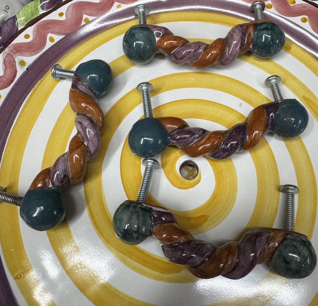 Mackenzie Childs  4” Twist Ceramic Handle Pulls Knobs Purple Orange - Set Of 2