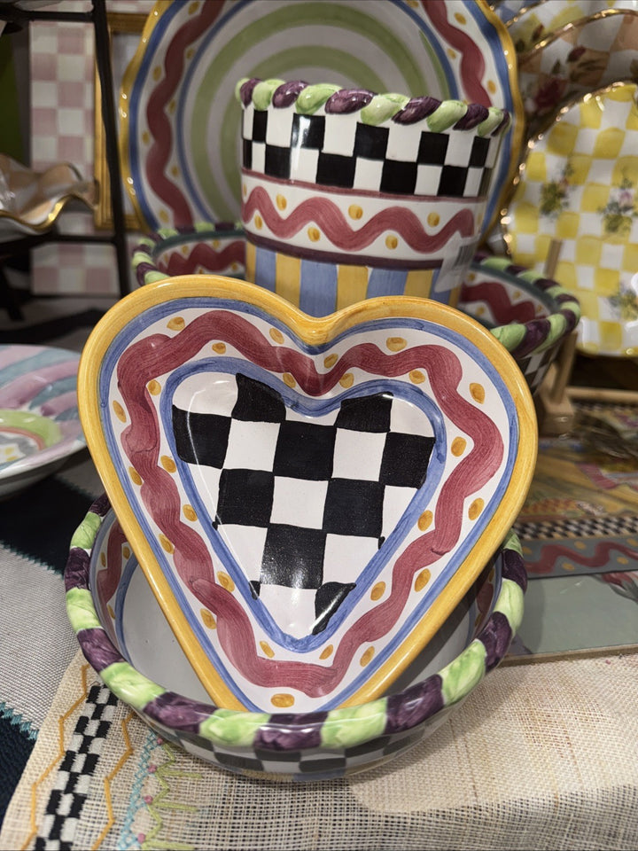MacKenzie Childs Piccadilly Heart Bowl Small - Hand Painted Ceramic - New