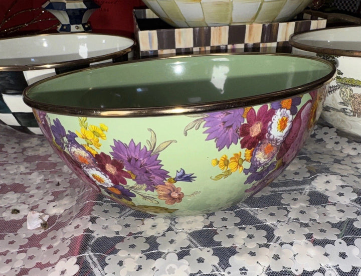 Mackenzie Childs Green Flower Market Enamel 7.5” X3.5” Everyday Sm  Bowl Retired