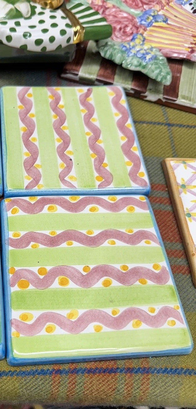 Mackenzie Childs Set Of 2 Tiles 4” Wallcourt Charmain New - Retired Pattern