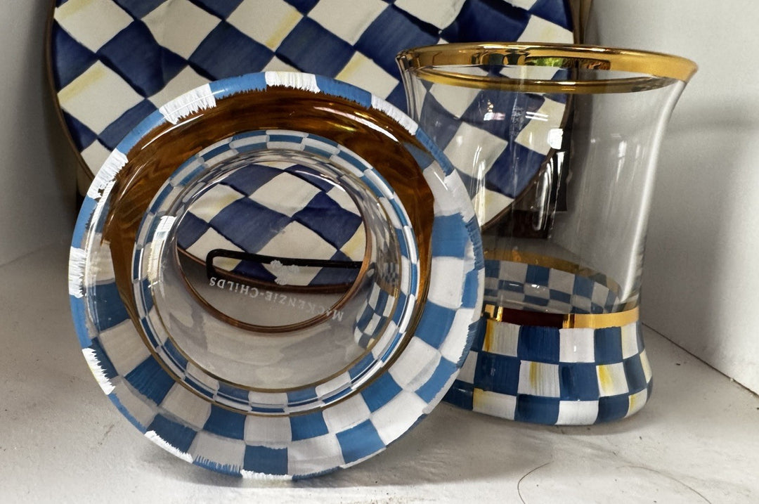 Mackenzie Childs Royal blue Check tumbler glasses set of 2-3.75” Tall Nib