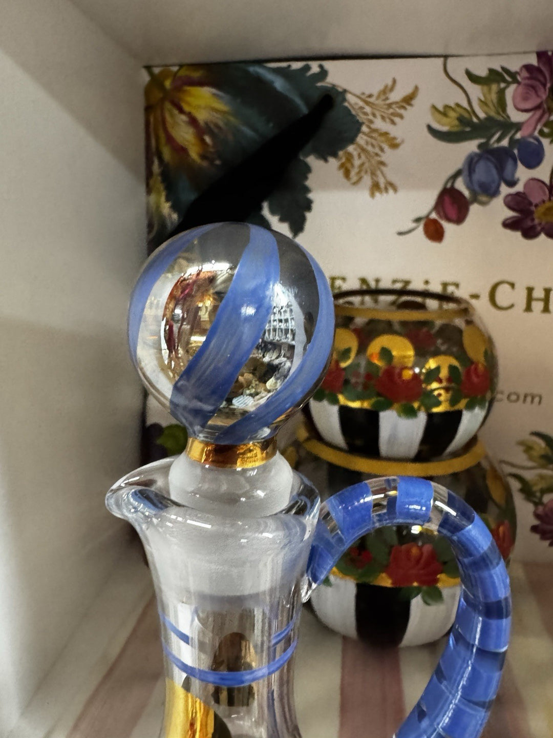 Mackenzie Childs Oil Or Vinegar Cruet Blue Top Red Flowers Circus Design 7.25”