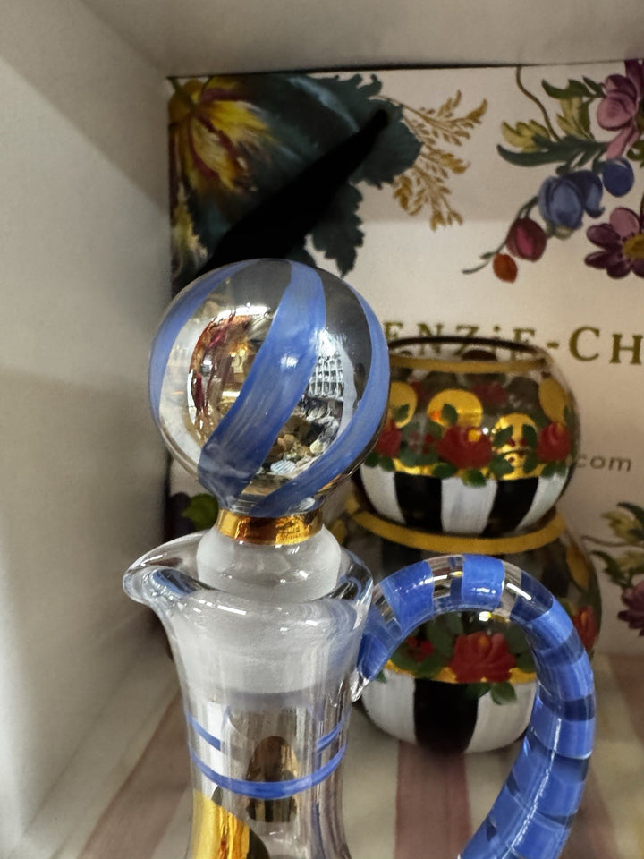 Mackenzie Childs Oil Or Vinegar Cruet Blue Top Red Flowers Circus Design 7.25”