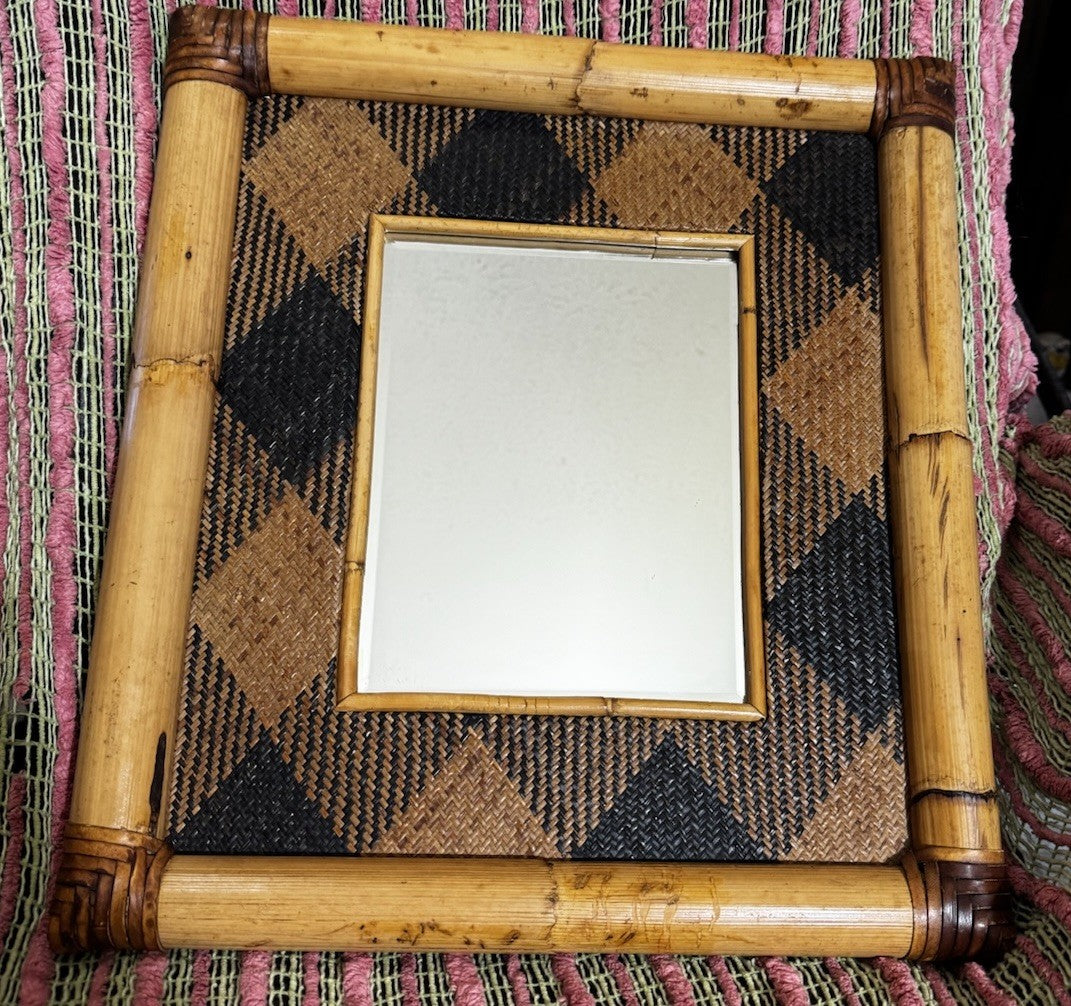 Vtg MacKenzie Childs Rattan Ajiro Bamboo Mirror Made Victoria & Richard Era
