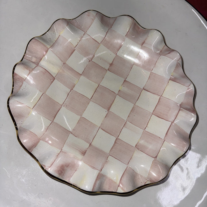 9” Mackenzie Childs Fluted Rosy CheckPink Salad Ceramic  With Gold
