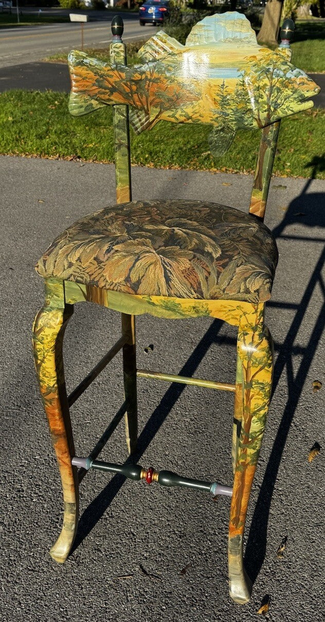 MacKenzie-Childs FOREST Fish   BARSTOOL With Fish BACK  RARE- Hand Painted
