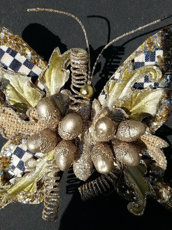 Mackenzie Childs Butterly Clips Set Of 2 Gold & Silver Courtly Check Retired