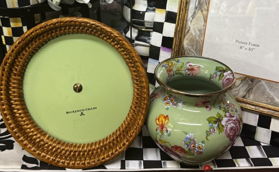 MacKenzie Childs Paper Towel Holder Retired Green Flower Market RATTAN Base