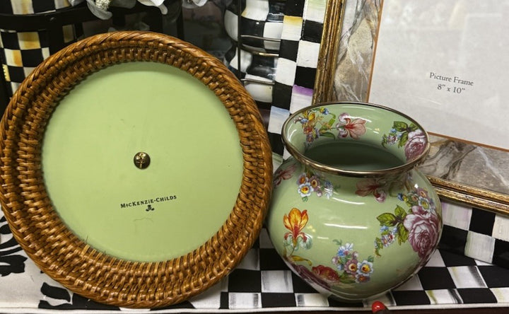 MacKenzie Childs Paper Towel Holder Retired Green Flower Market RATTAN Base