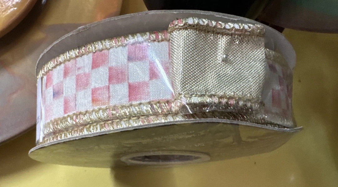 Mackenzie Childs Rosy  Check & Gold   1" Wide Wire RIBBON NEW 10YD