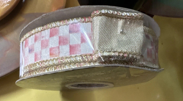 Mackenzie Childs Rosy  Check & Gold   1" Wide Wire RIBBON NEW 10YD