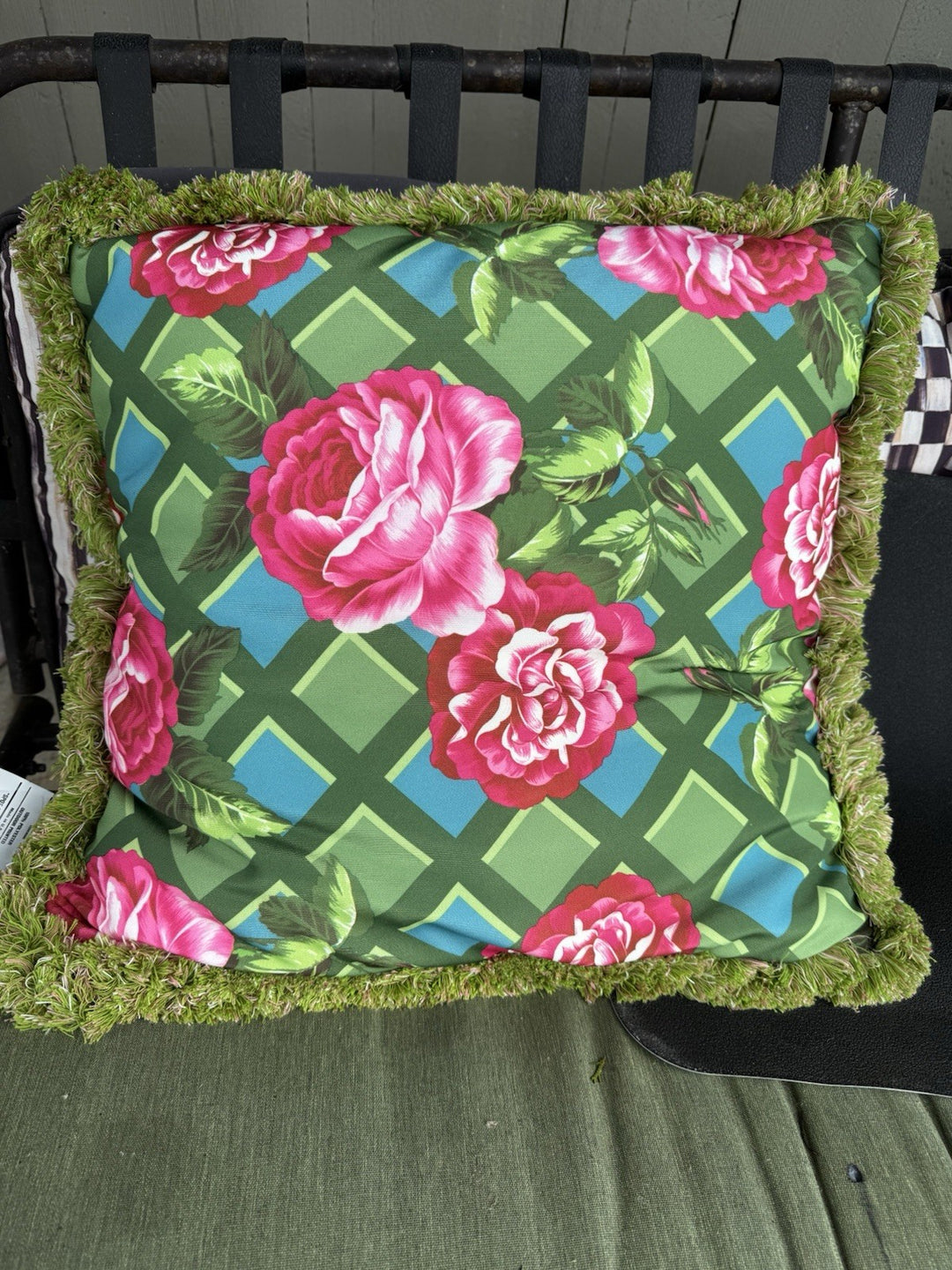 Mackenzie Childs Greenhouse Wild Rose Outdoor Throw Pillow 20 x 20 Excellent