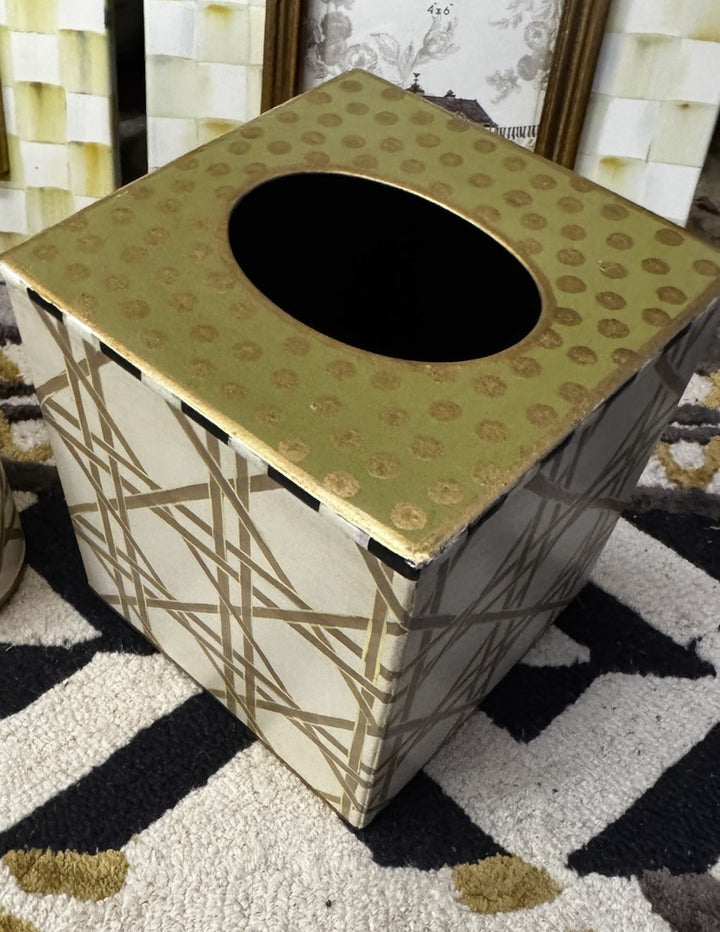 Mackenzie Childs Waste Basket - Tissue Cover Metal Retired Lattice Pattern