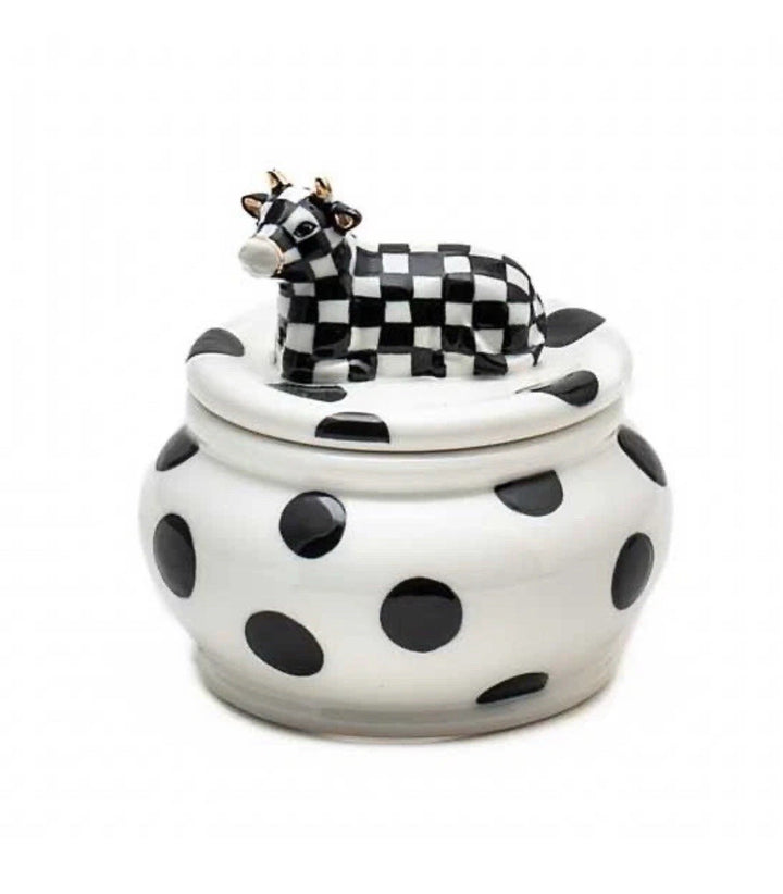 MACKENZIE CHILDS COW CREAMERY SUGAR BOWL, New, 4" X 4.25"