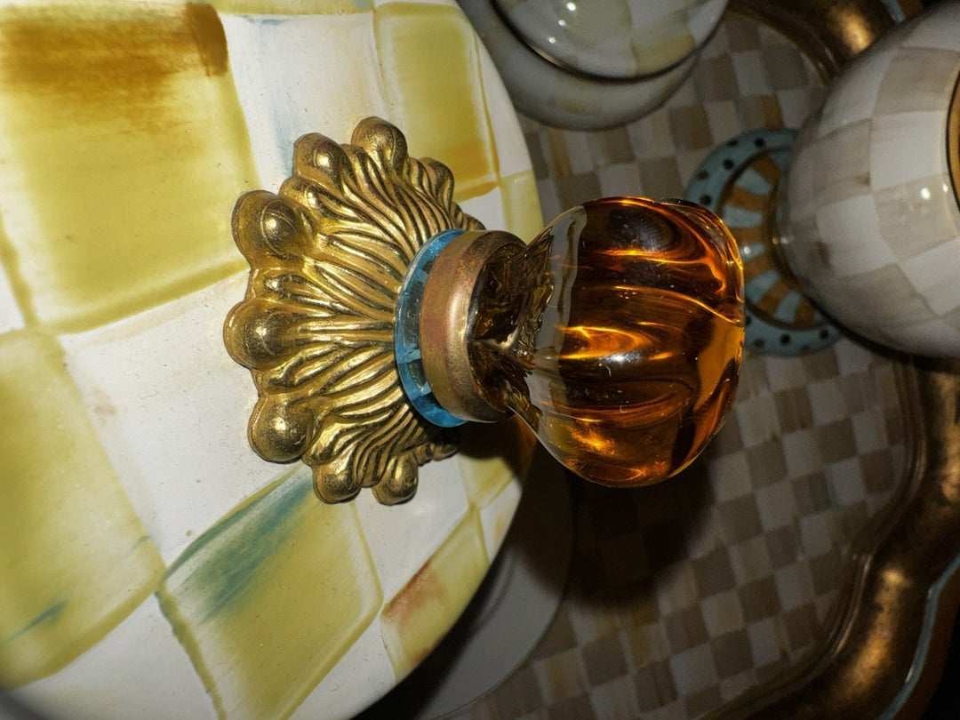 Mackenzie Child ParchmentCheck Domed Covered Butter Round   Enamel Retired