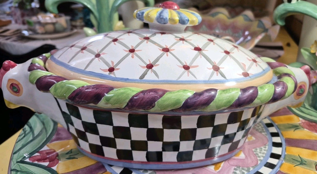 MacKenzie Childs Ceramic Lidded Piccadilly Chicken Casserole Dish- Handmade