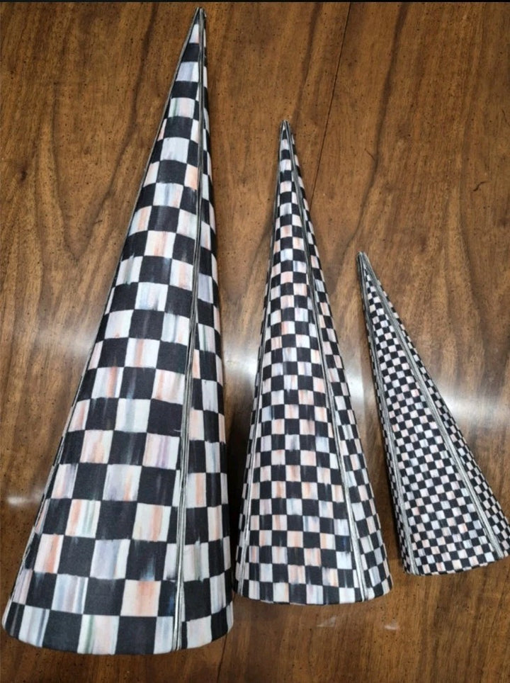 Mackenzie Childs Courtly Check Cone Trees Fabric Set Of 3 Stackable Retired