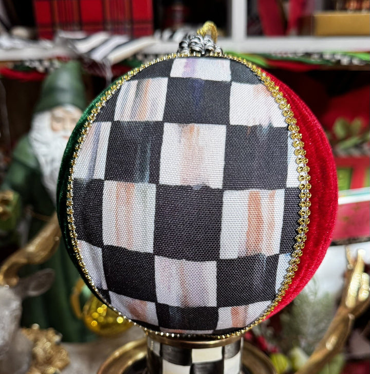 MACKENZIE CHILDS One Velvet Patchwork Courtly Check 8" Round Christmas Ornament