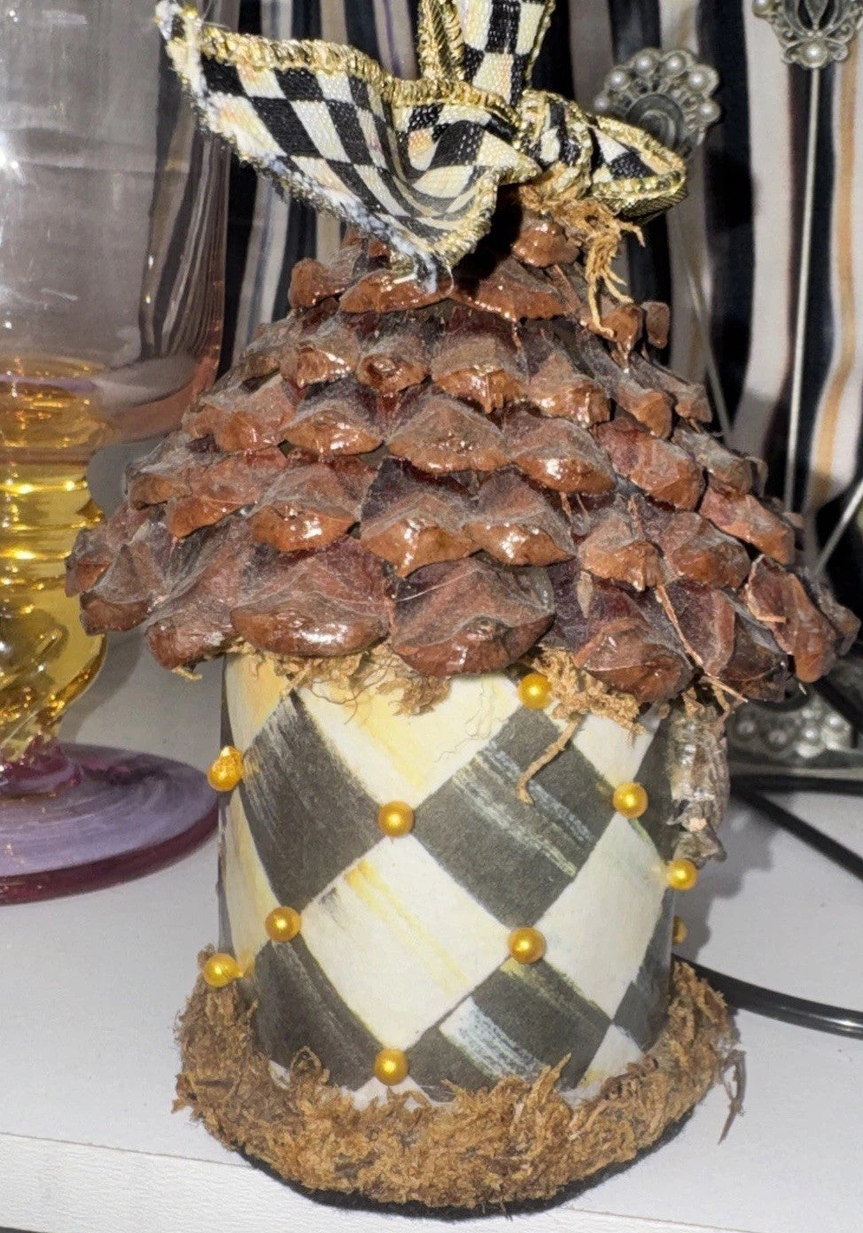 MacKenzie Childs VTG  Birdhouse Courtly Check Rare Pinecone 5” Ornament