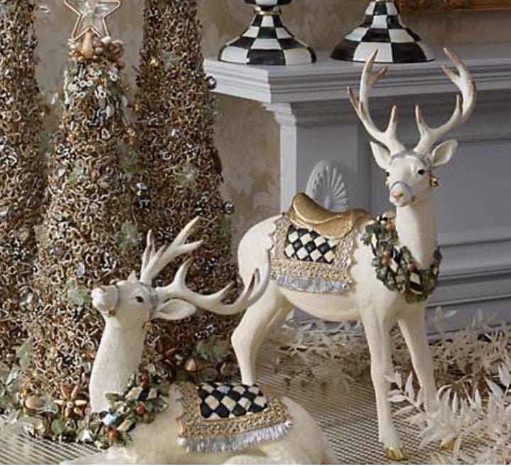 Mackenzie Childs Set Of 2 Winter White Stag Standing And Matching Resting Stag