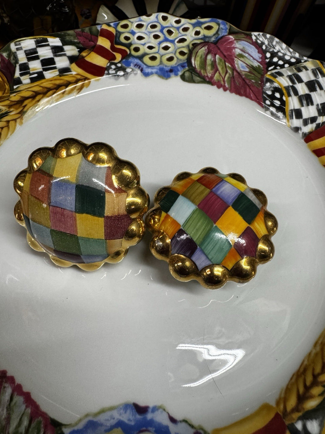 Mackenzie Childs Majolica HARLEQUIN Pottery Round One Knob 2.25 Diameter