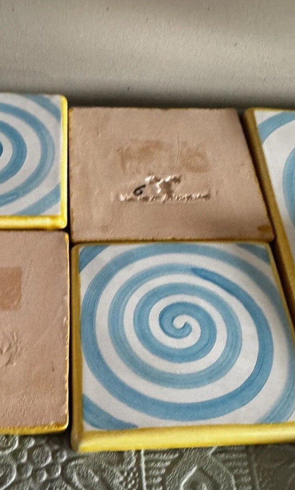 MacKenzie Childs Spencer Wallcourt Spiral Square Tile Set Of 2 -Retired 4”