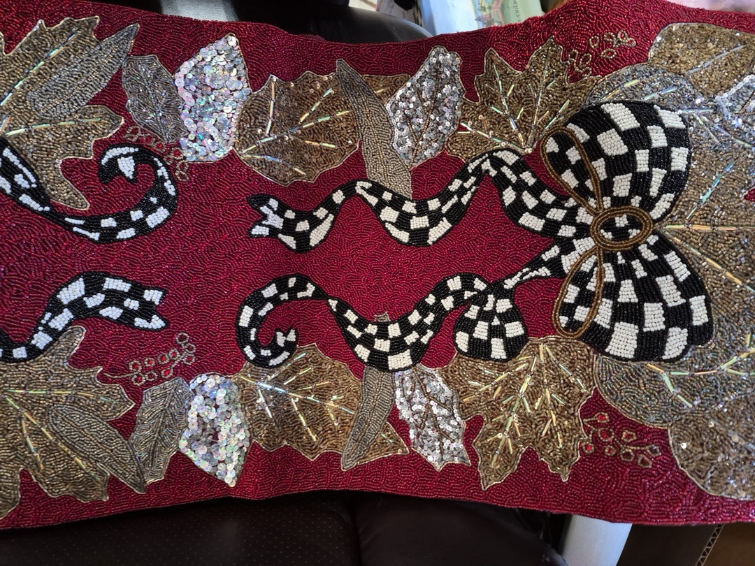 Mackenzie Childs Berry Frost Beaded Christmas Bow Table Runner 36" Centerpiece