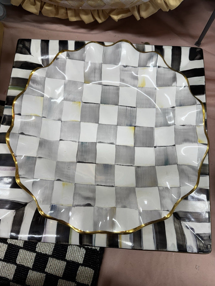 Mackenzie Childs STERLING Check Ceramic 11” Dinner Plate Fluted W/Gold Trim