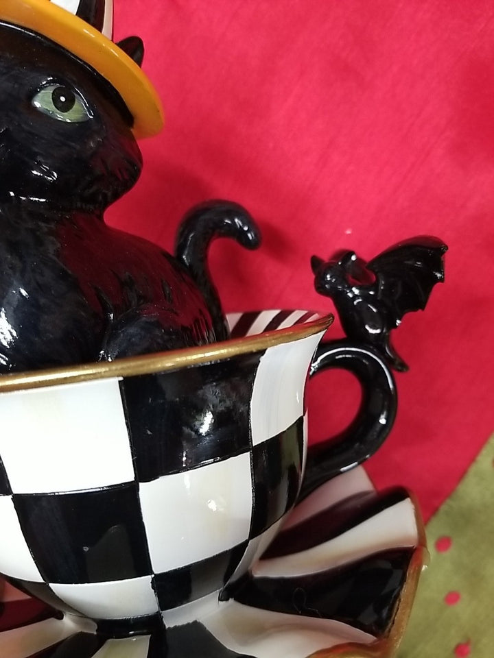 MacKenzie Childs Halloween Cat Teacup Figurine