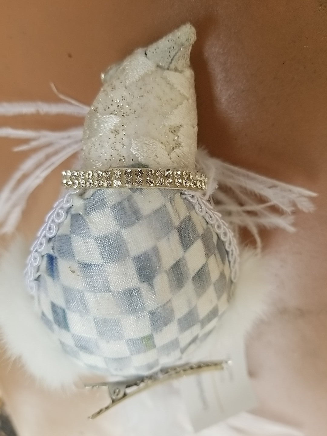 MACKENZIE CHILDS One Crystal Palace Sterling Check Feathered  Bird Clip