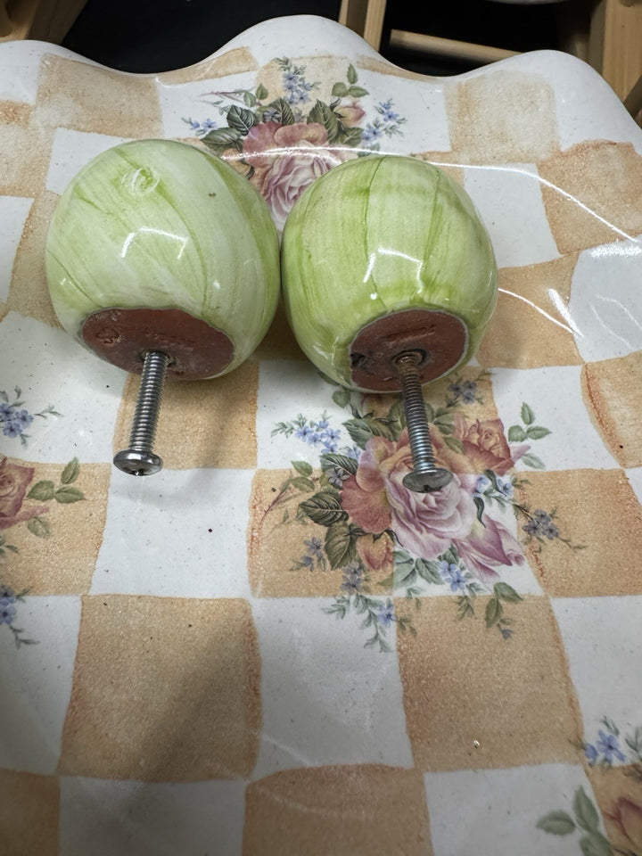 Mackenzie Childs Set Of 2 Green  Cabinet Knobs / Pulls Ceramic With Hardware