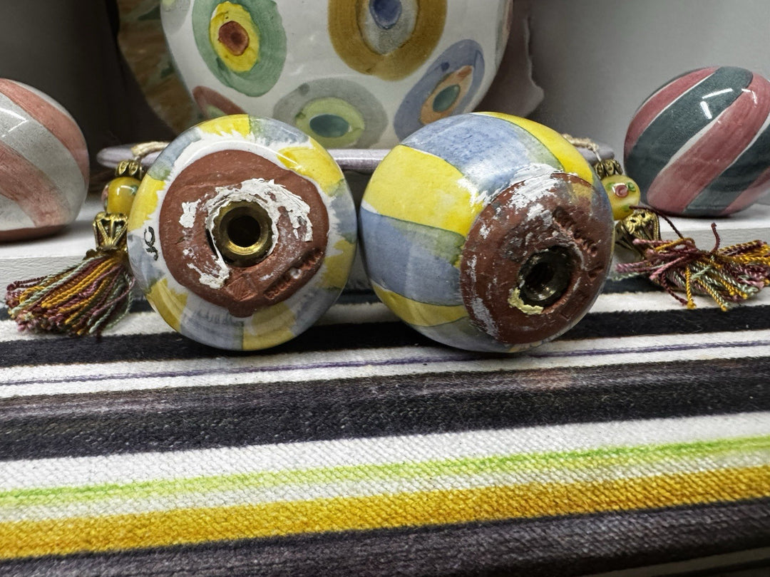Mackenzie Childs Set Of 2 Blue And Yellow Knobs / Pulls Ceramic W Hardware