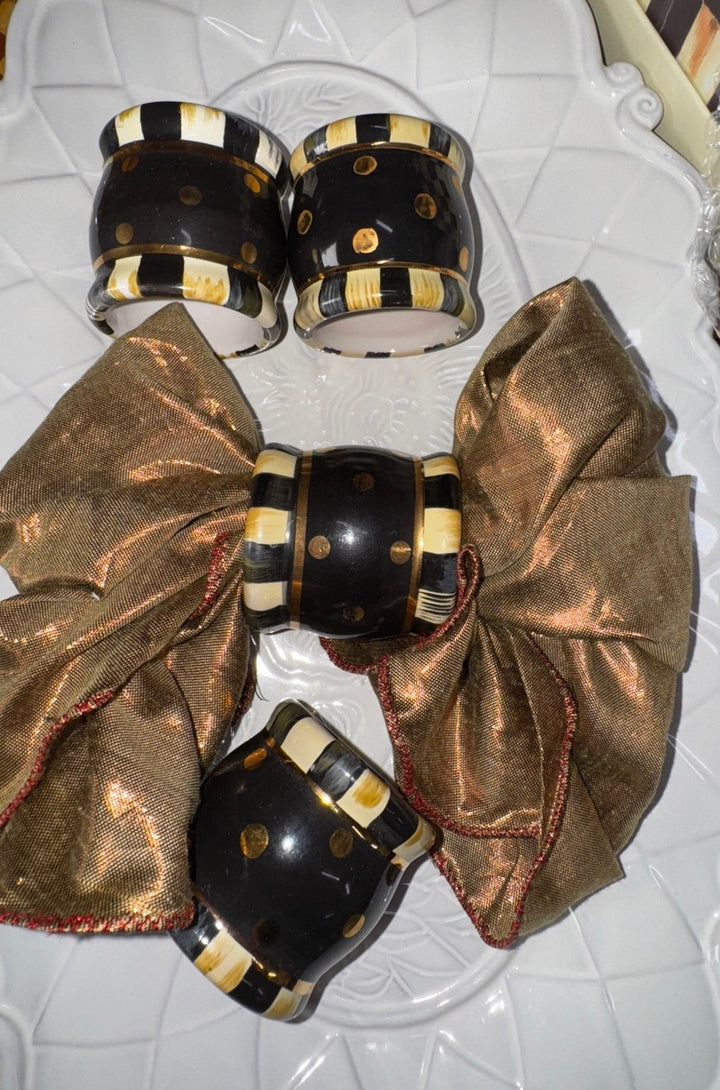 Lot of 4 Mackenzie Childs Napkin Rings Ceramic Black Tie Courtly Stripe