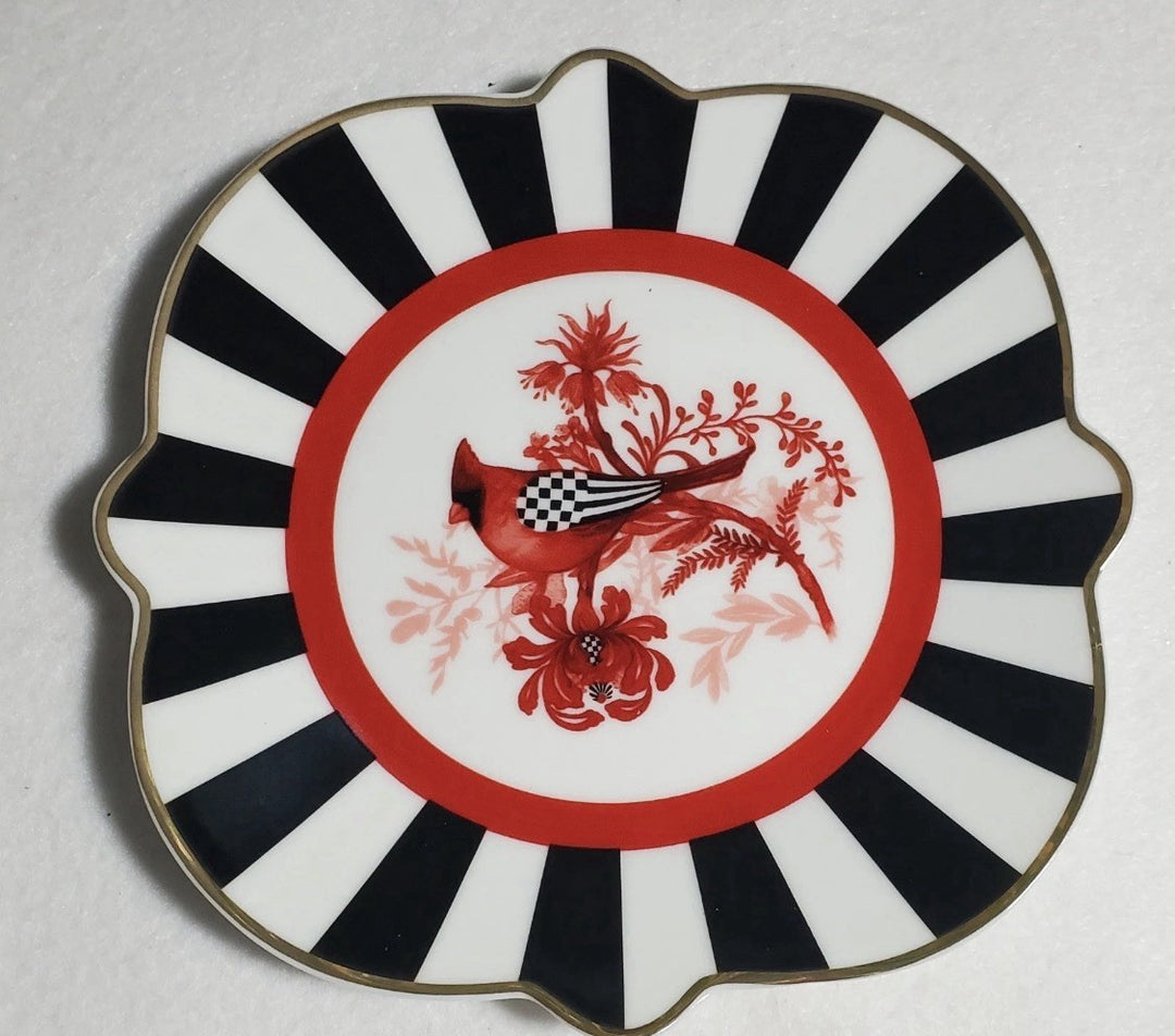 Mackenzie Childs Courtly Check Cardinal Toile porcelain bread plate 6" NEW!