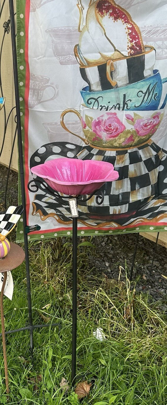 MACKENZIE CHILDs Avant Garden PINK Bird Bath Stake Chic Garden Decor New