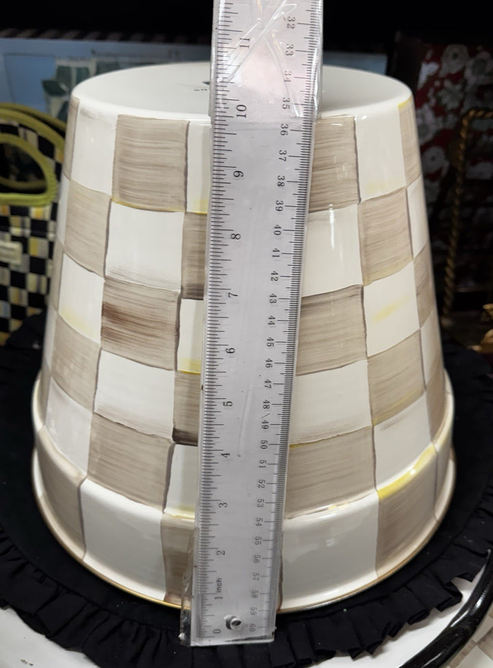 MacKenzie Childs Mocha Check Extra Large Enamel Pot Planter 12” W And 9.5” Tall