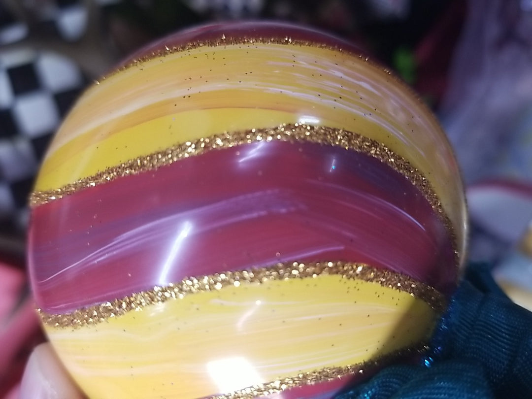 MacKenzie Childs Frank And Mustard  Striped Double Drop Glass Ornament