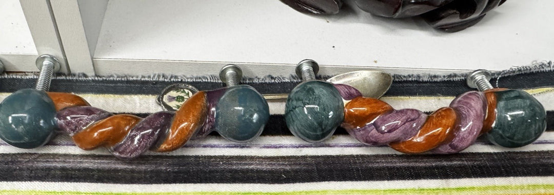 Mackenzie Childs  4” Twist Ceramic Handle Pulls Knobs Purple Orange - Set Of 2