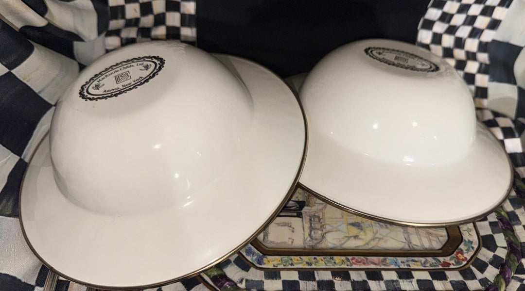 (2) Camp Mackenzie Childs 8” Breakfast  Bowls, Courtly Check Enamel