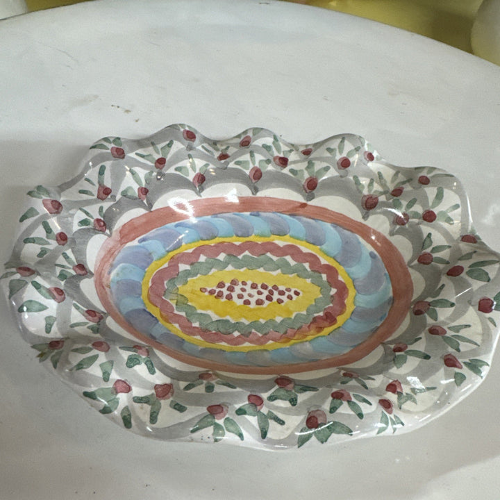 MacKenzie Childs Oval Taylor  Stoke Gabriel Fluted Ceramic Soap Dish 1996  6.25"