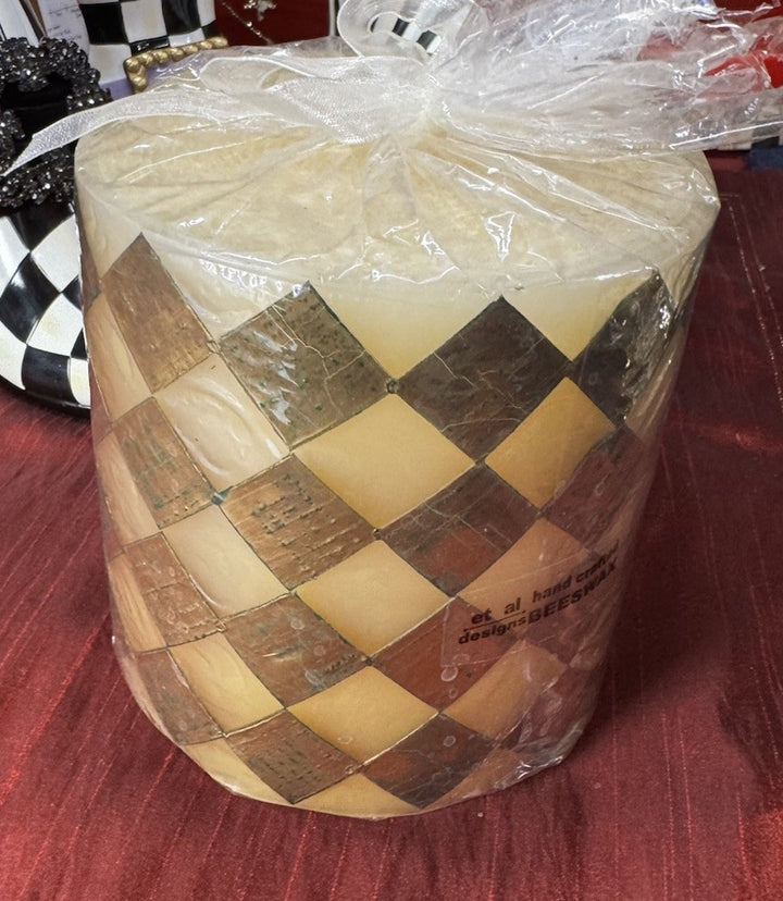 MacKenzie Childs Gold And White  Harlequin Pillar Candle 5 x 5" Beeswax Retired