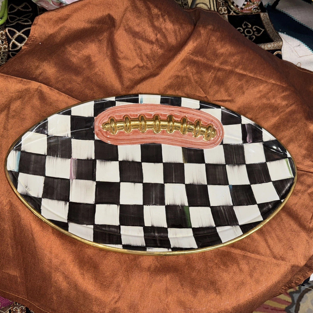 MacKenzie Childs Retired Courtly  Check Football 14”  Platter  Gold Trim NEW