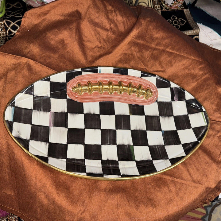 MacKenzie Childs Retired Courtly  Check Football 14”  Platter  Gold Trim NEW