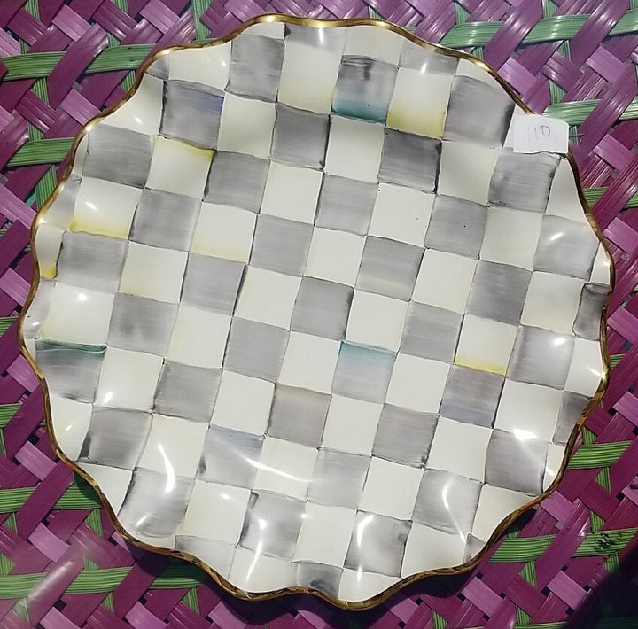 Mackenzie Childs STERLING Check Ceramic 11” Dinner Plate Fluted W/Gold Trim