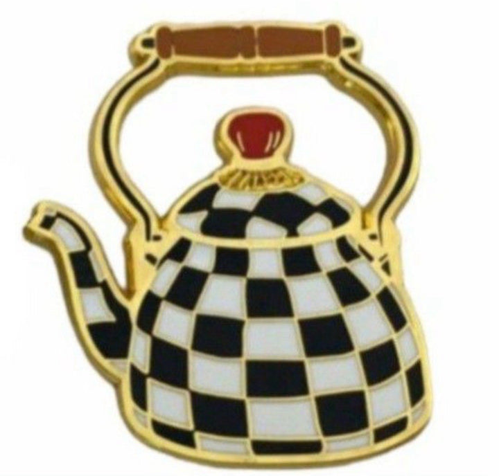 Mackenzie Childs Inspired Courtly Check  Tea Kettle Teapot Enamel Lapel Pin