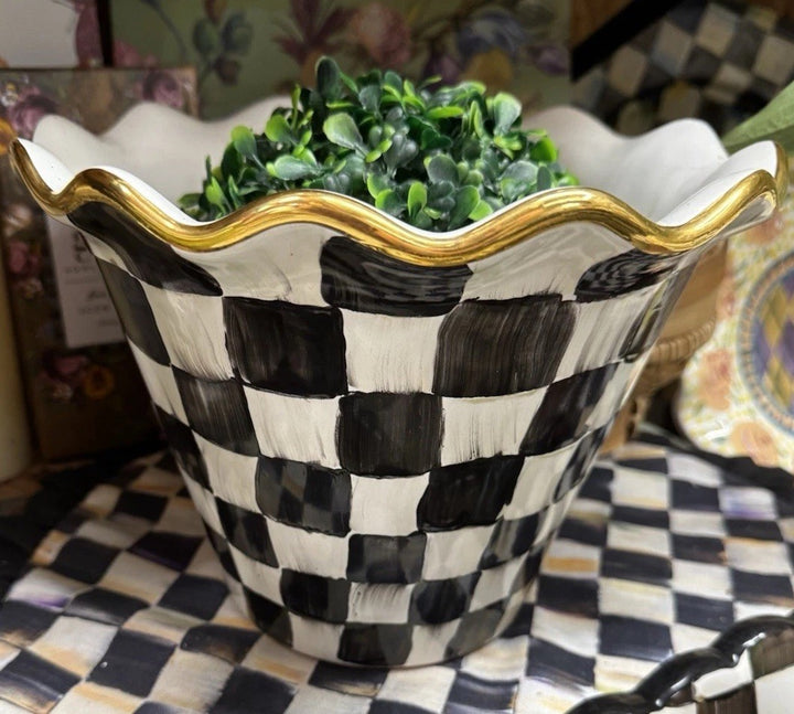 Mackenzie Childs 7.5” Tall  Made In Aurora Courtly Check Garden Pot Planter