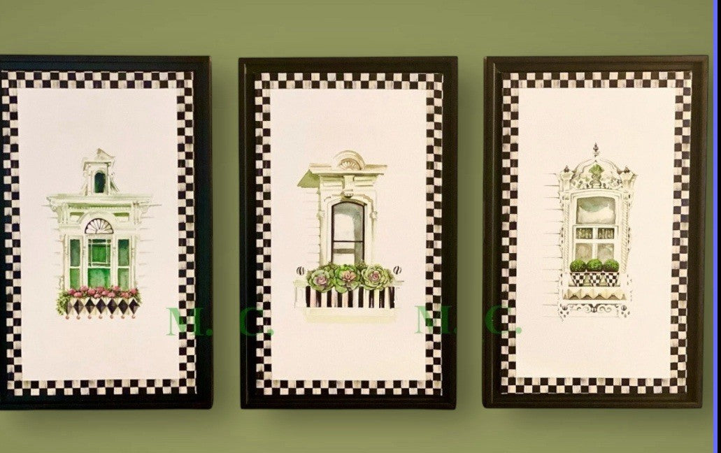 Mackenzie Childs Window Wall Art Set of 3 Giclée Images Courtly Check New