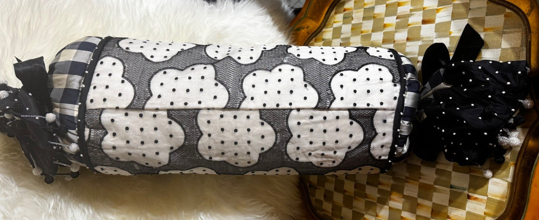 MacKenzie Childs Vintage Silk Large Bolster Pillow Black And Beige  Flower Read